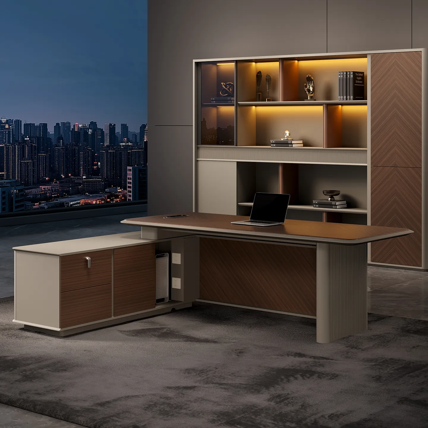 Modern executive desk with integrated storage for organized office use