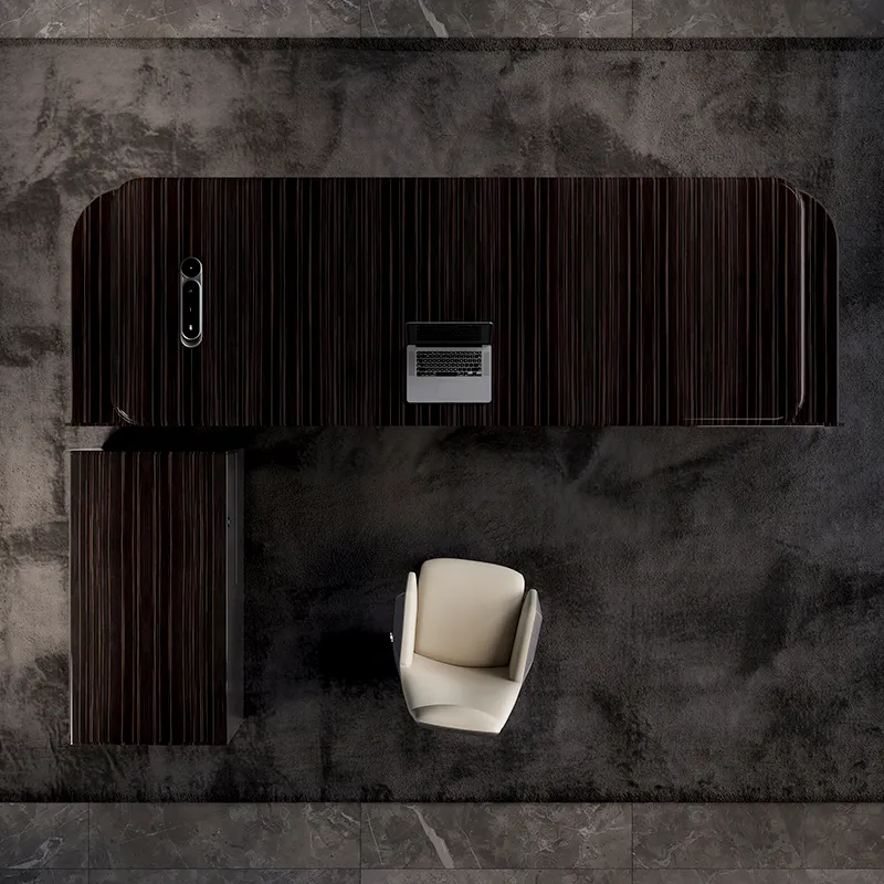 Modern luxury executive desk with curved detailing and integrated ambient lighting