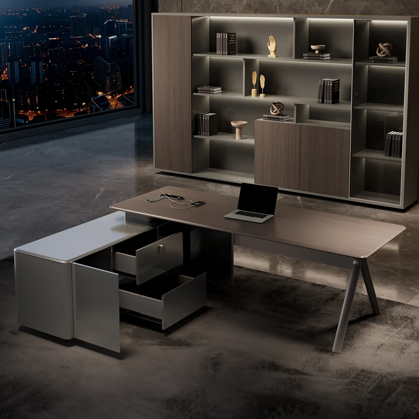 Modern manager desk with spacious work surface and integrated storage cabinet