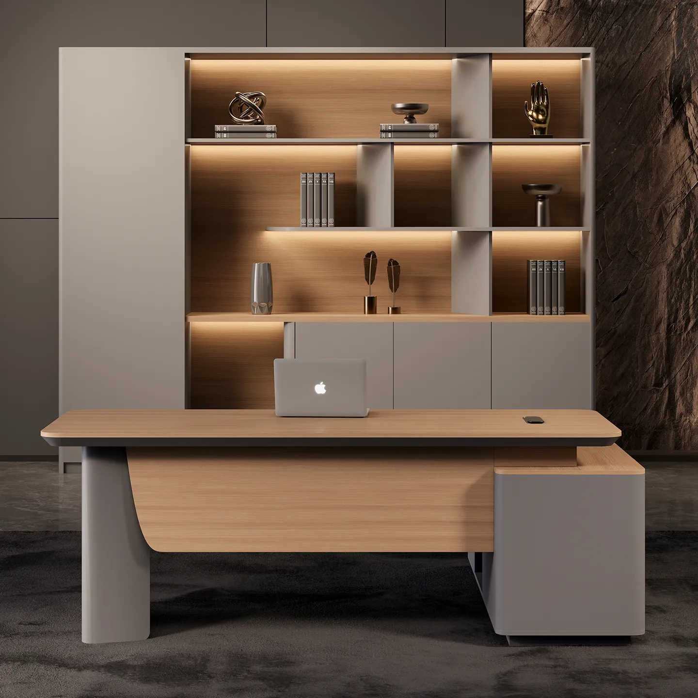 Modern manager desk with spacious work surface and integrated storage cabinet
