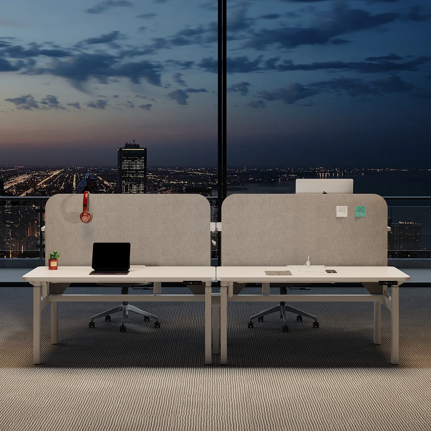Modern modular staff workstation with privacy screens and light finish