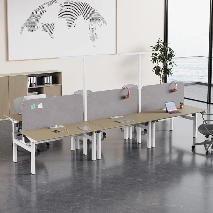 Multi-person height adjustable workstation designed for modern open-plan staff offices