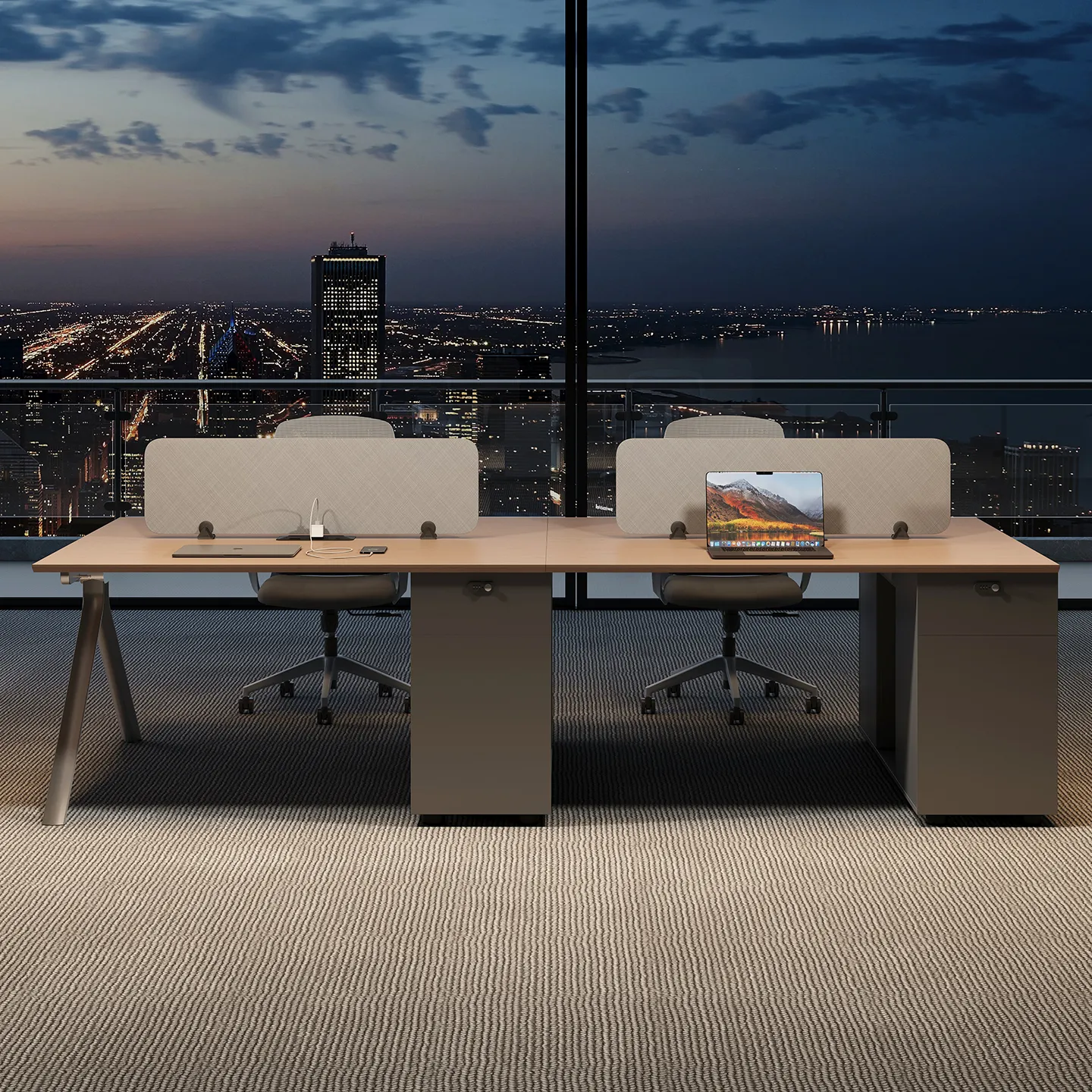 Modern office workstation with integrated storage cabinets for staff workspaces