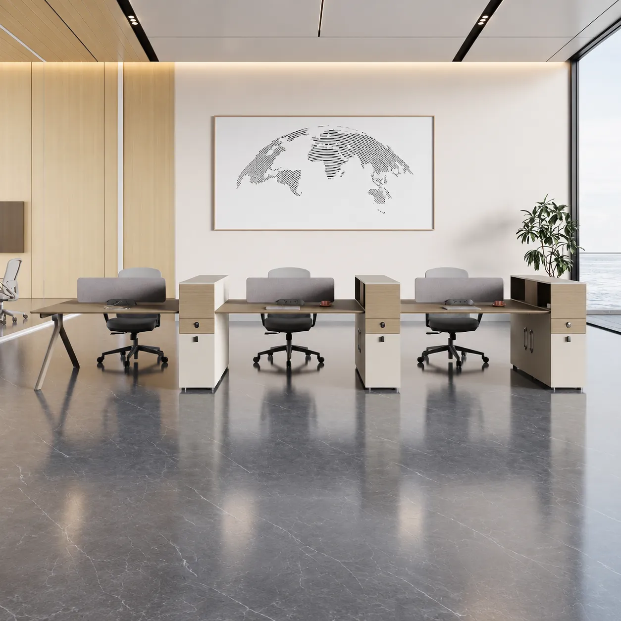 Multi-person staff workstation with shared desktop, privacy screens and storage units