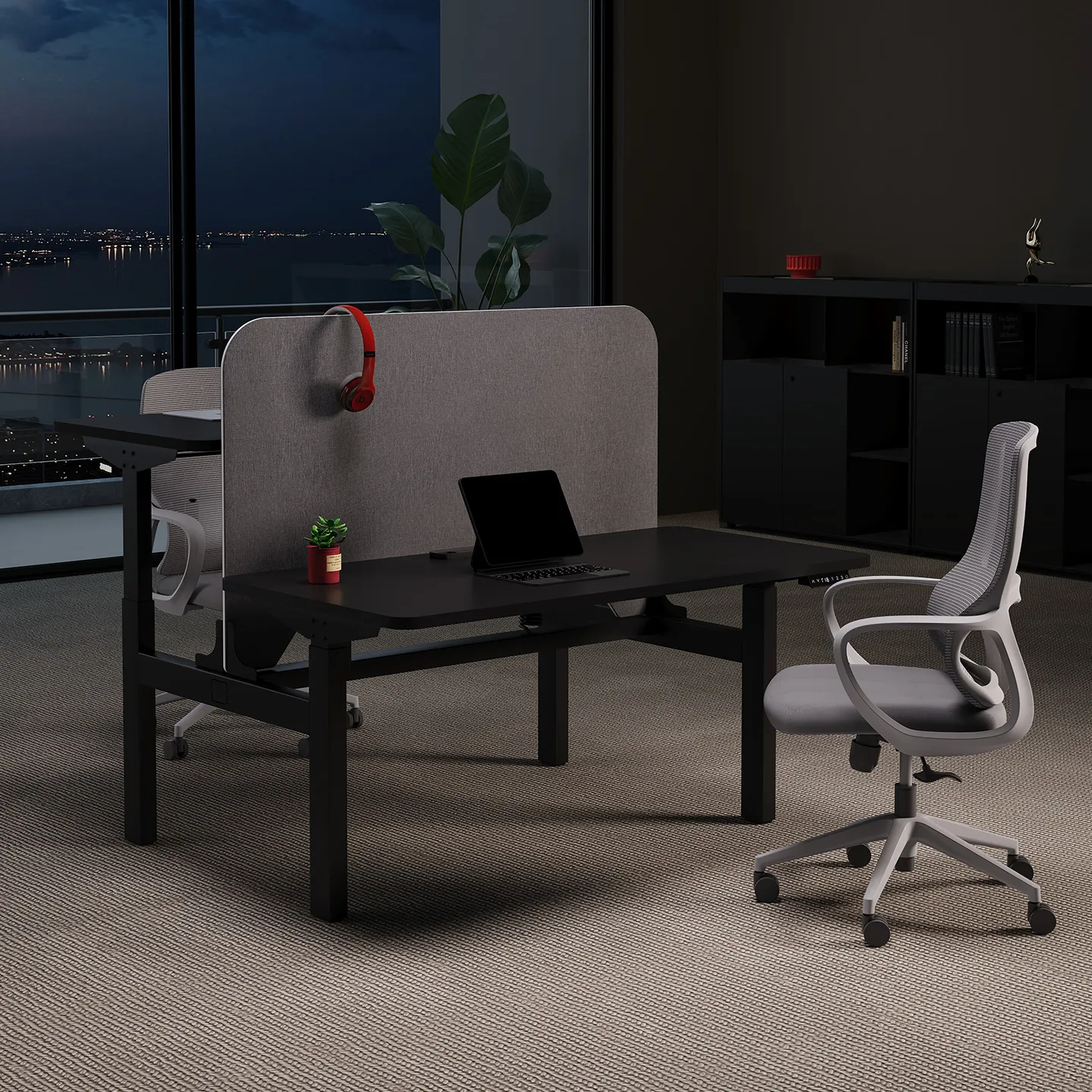 Multi user height adjustable workstation for open plan office spaces
