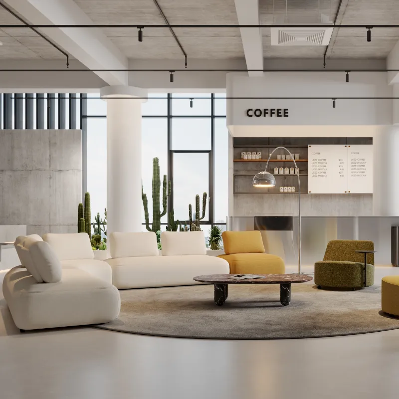 Office breakout modular sofa configured as a multi-seat collaborative lounge area