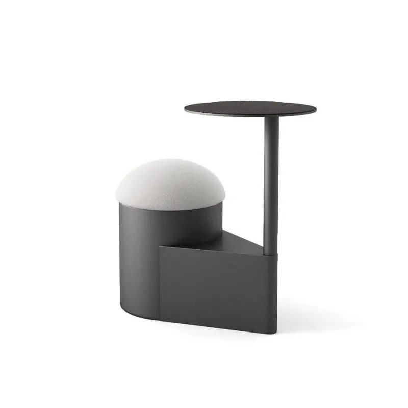 Compact office lounge stool with integrated side table for informal shared spaces