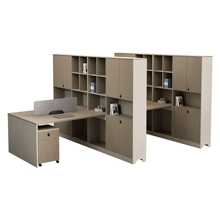 Open shelving integrated into office workstation storage for frequently used files and supplies