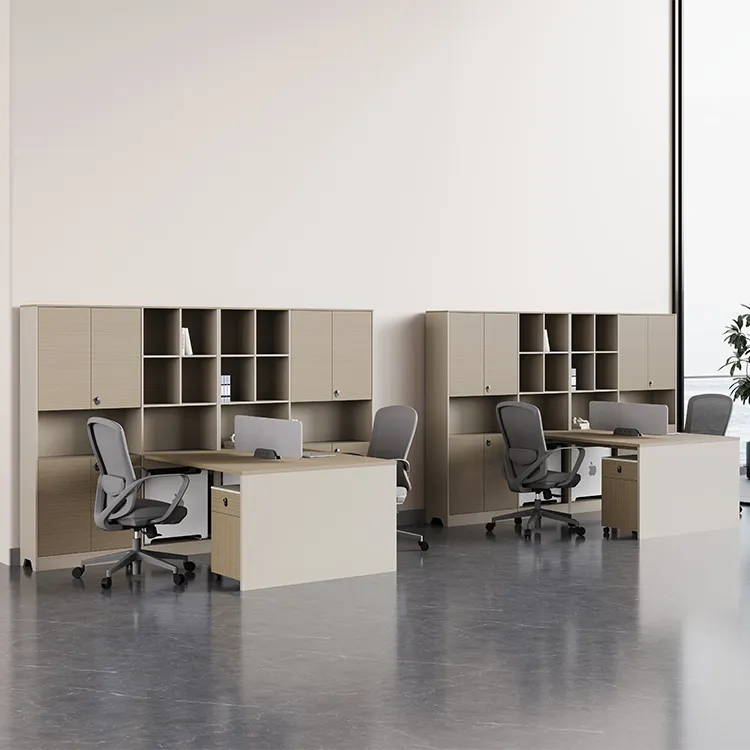 Office workstation with filing cabinets and open shelving for staff document storage