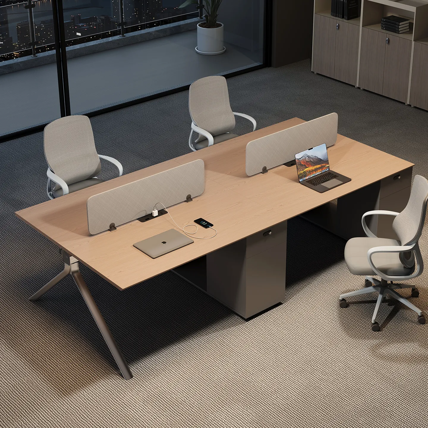 Office workstation with fabric privacy screens for focused individual work