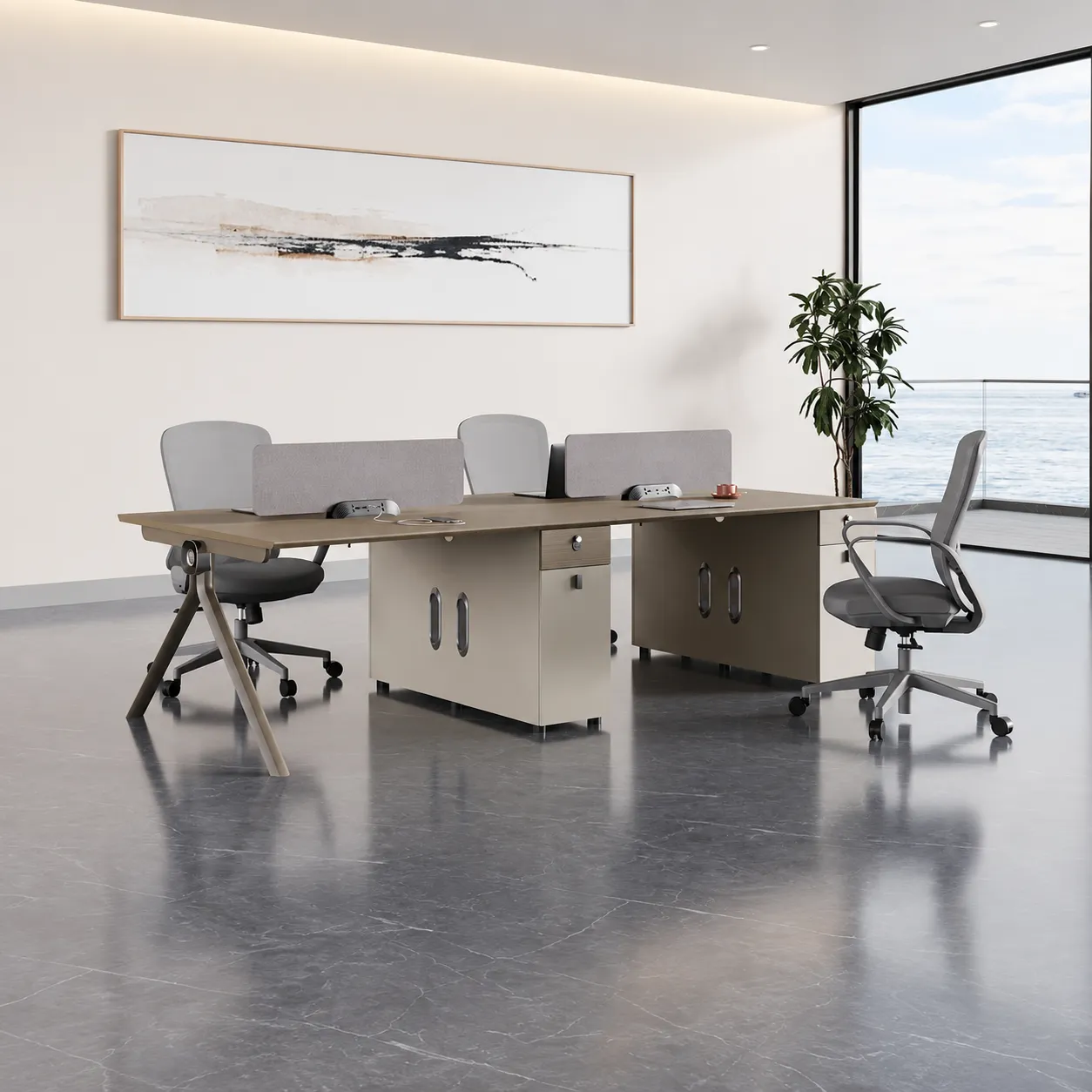 Open-plan office workstation with modular desk layout for multiple employees
