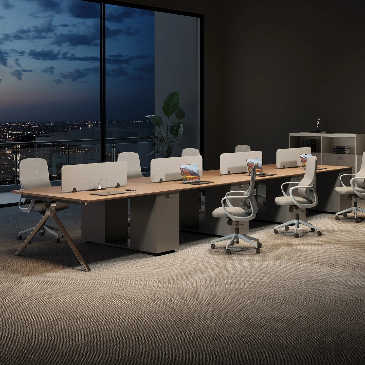 Open-plan staff workstation with modular desk configuration and privacy dividers