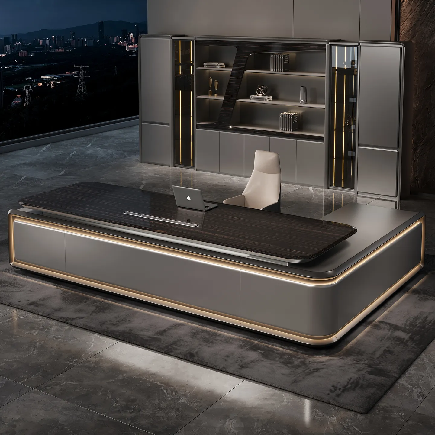 Premium CEO office desk with dark wood desktop and integrated storage