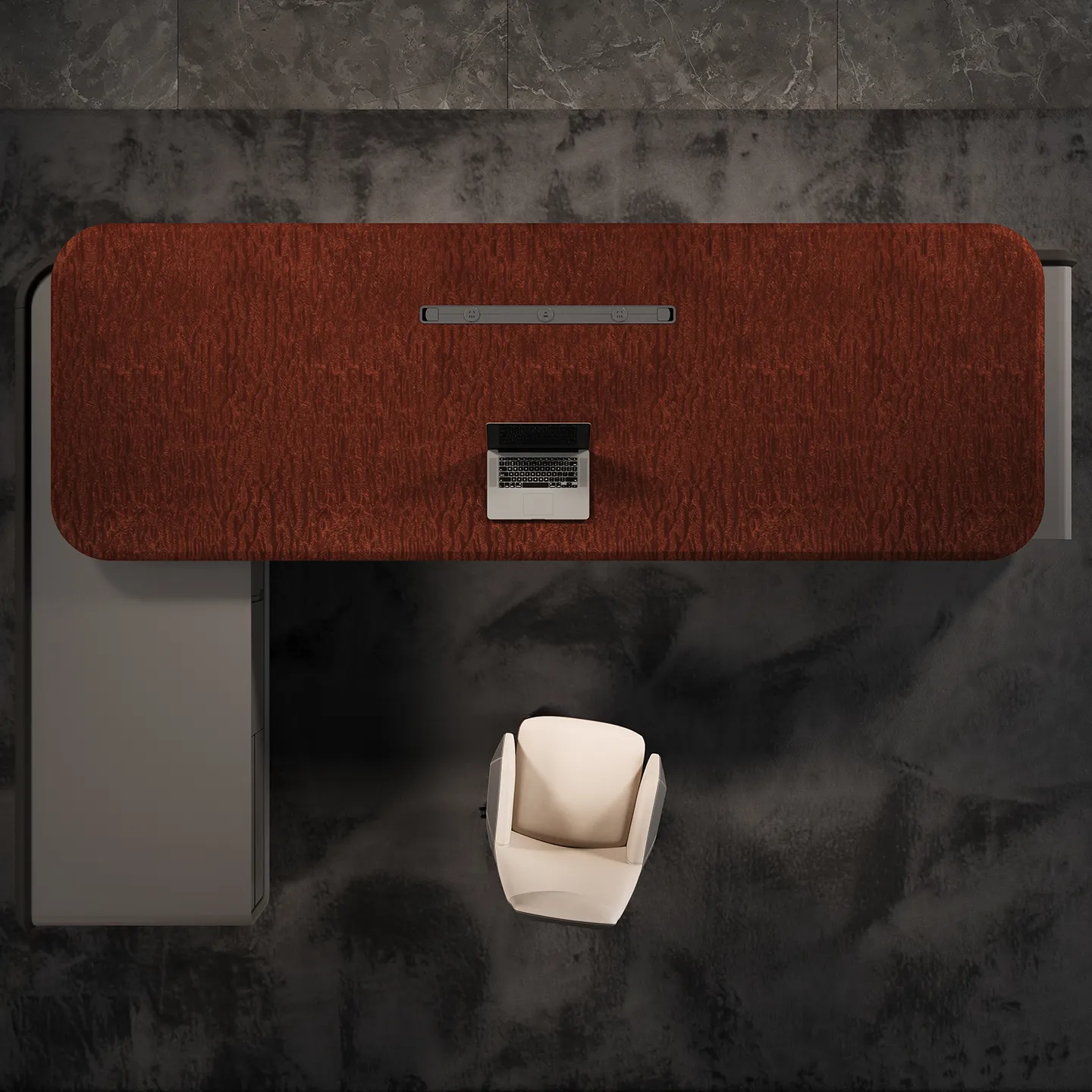 Premium executive desk featuring a rich wood-grain desktop