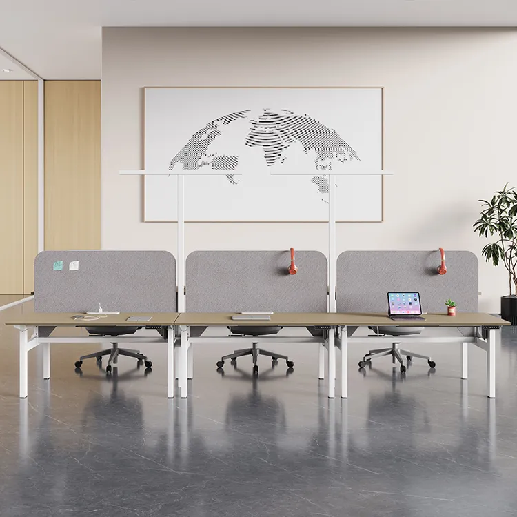 Sit stand office workstation with electric height adjustable desks and fabric privacy screens