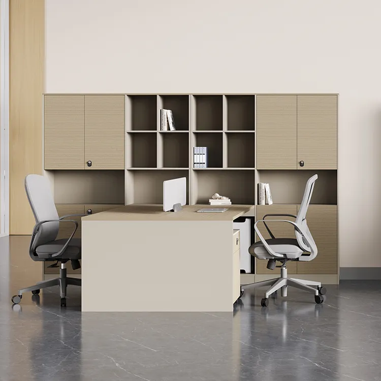 Staff office desk with large storage wall for files, documents and office supplies