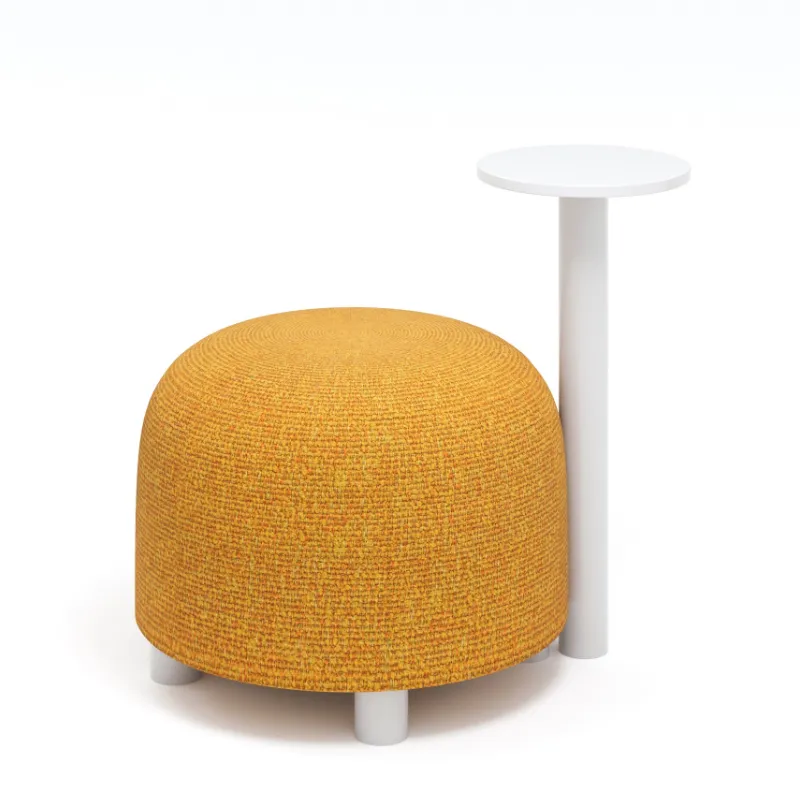 Upholstered office stool with integrated round table for casual work and lounge areas