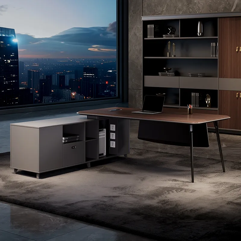 Walnut manager office desk with rounded desktop and slim metal legs