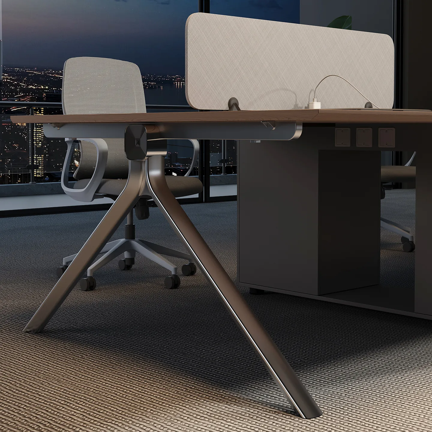 Angled metal support leg on modern modular office workstation desk