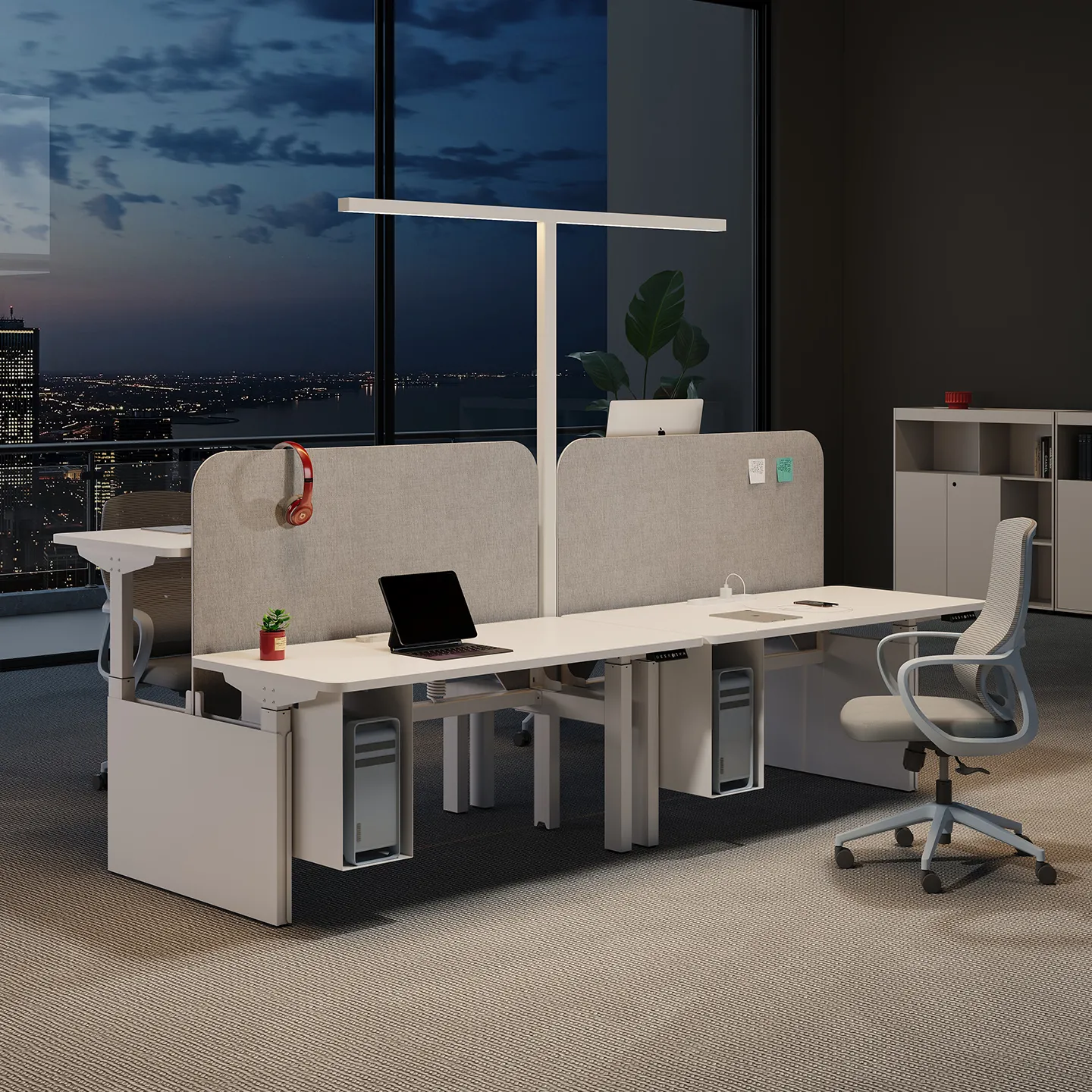 Privacy screen detail on modular height adjustable staff workstation