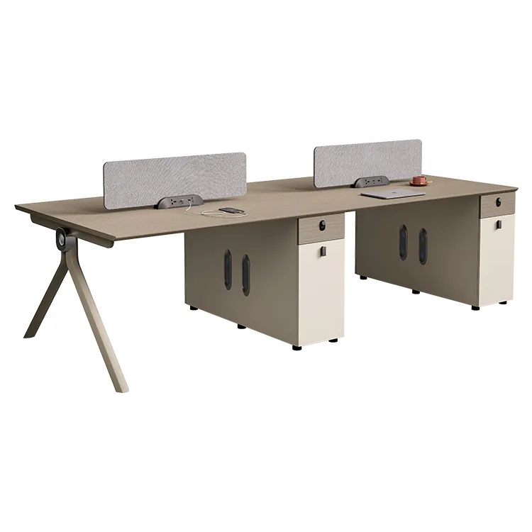 Integrated storage cabinet with lockable compartment beneath staff workstation desk