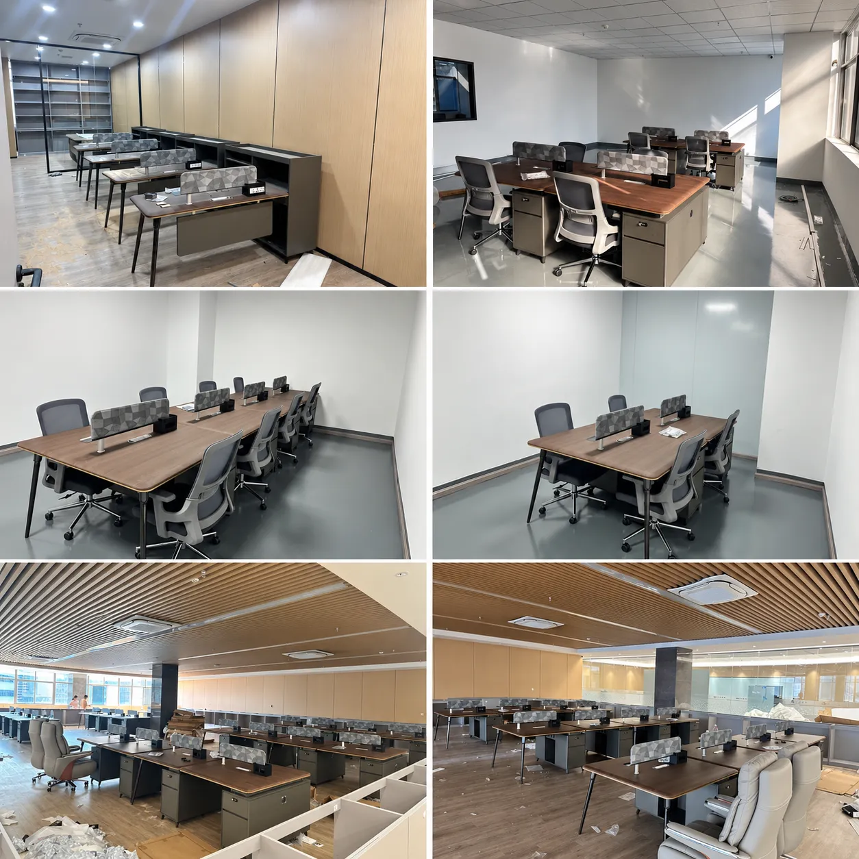 Departmental office with shared workstations, patterned desk dividers and gray task chairs.
