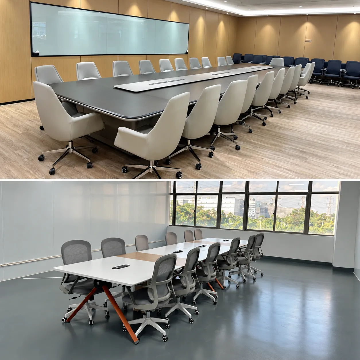 Internal meeting room with a light conference table, gray mesh chairs and large windows.